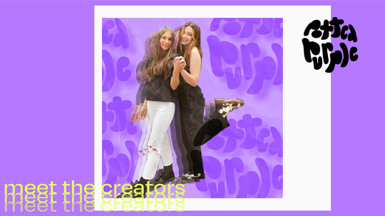 The founders of Potted Purple Magazine hold hands in a photo against a purple logo backdrop.