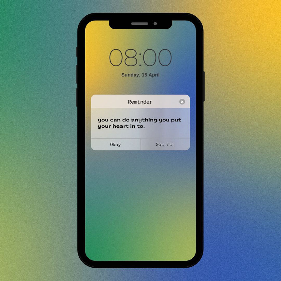 Mockup of an iphone with yellow, green, and blue gradient background. iPhone has reminder notifaction that reads 