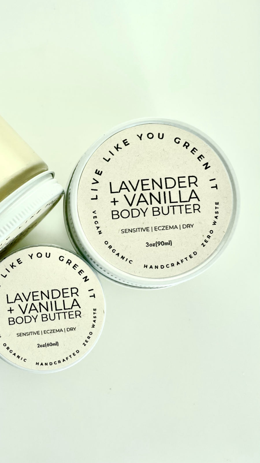 3 Lavender + Vanilla Body Butter jars from Live Like You Green It against a white background
