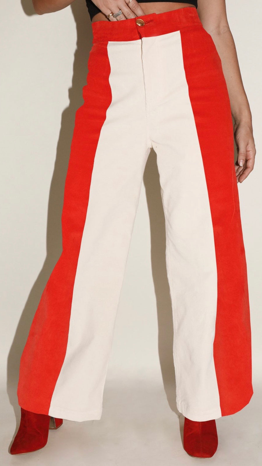 Sugarhigh Lovestoned Woody Wide Leg Pant in Red & Cream Paneled Stretch Corduroy