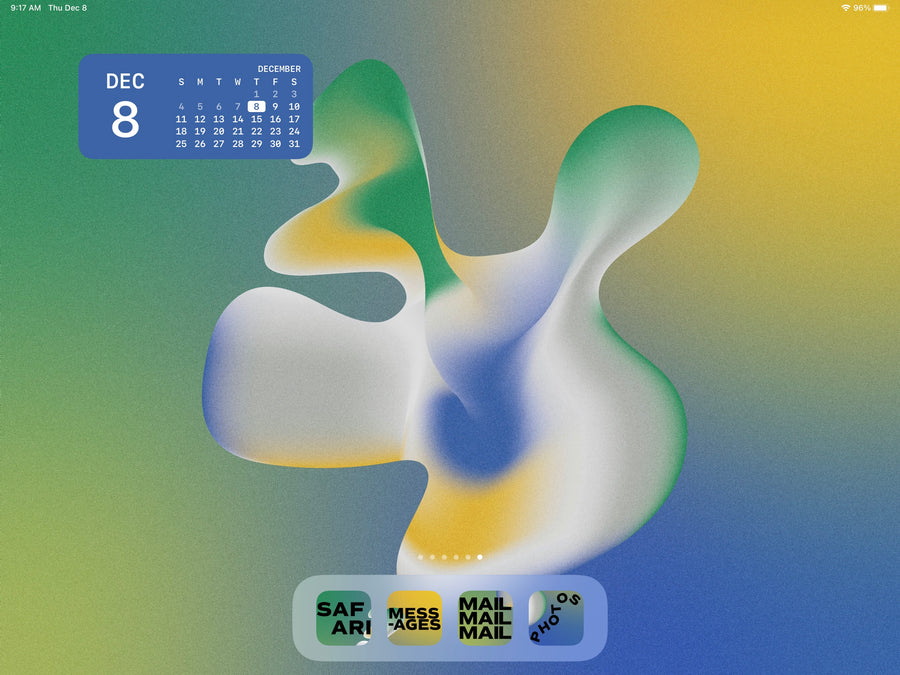 Blue, green, and yellow abstract image and gradient background and icons displayed on an ipad screen horizontally